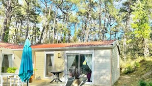 Uma cabana pequena com varanda, área de estar externa e um alpendre coberto.