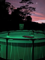 An outdoor hot tub with a green-lit pool, surrounded by trees and a night sky with a crescent moon.