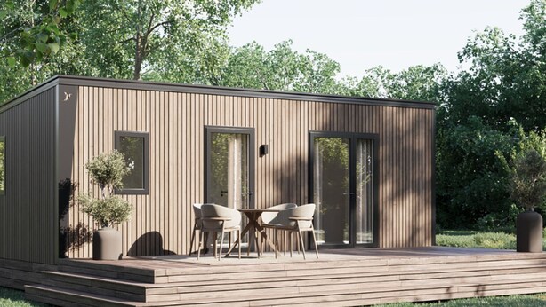 A modern, single-story building with a deck, two windows, and a door. - Mobile home, pets welcome - 5 guests (La Châtre)