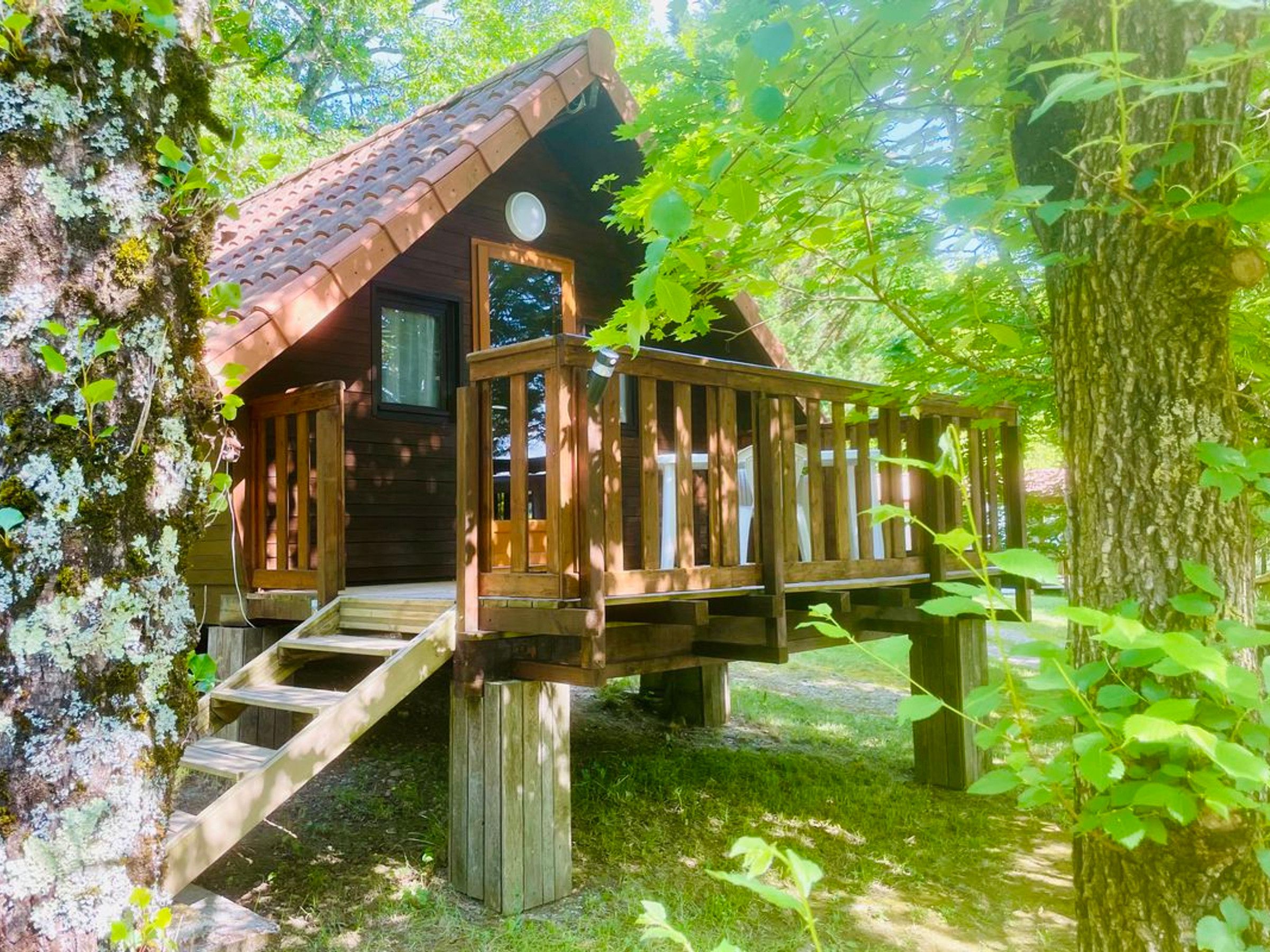 A wooden cabin with a balcony, surrounded by trees and greenery.