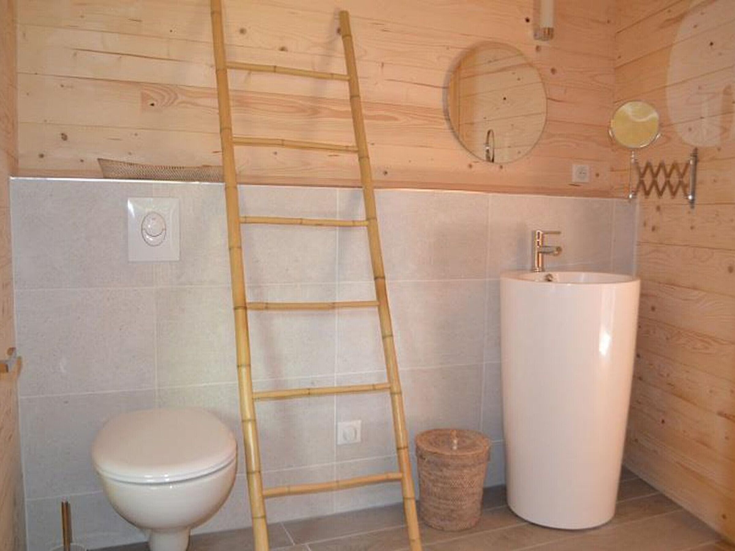 A bathroom with a toilet, sink, mirror, and a wooden ladder.