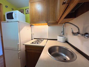 A compact kitchen with a refrigerator, microwave, toaster, sink, and wooden cabinets. - Mountain environment. Fireplace and garden - Isard 4 (Pla de l'Ermita)
