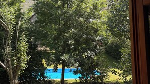 A window view of a mountainous landscape with trees and a blue body of water. - Mountain environment. Fireplace and garden - Isard 4 (Pla de l'Ermita)