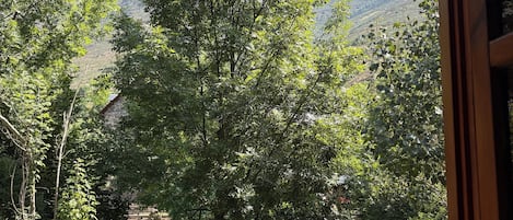 A window view of a mountainous landscape with trees and a blue body of water.