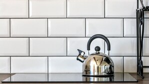 A kitchen with a kettle on the counter, a stove, and a tiled backsplash. - Ferienhof Steindörfel (Hochkirch)
