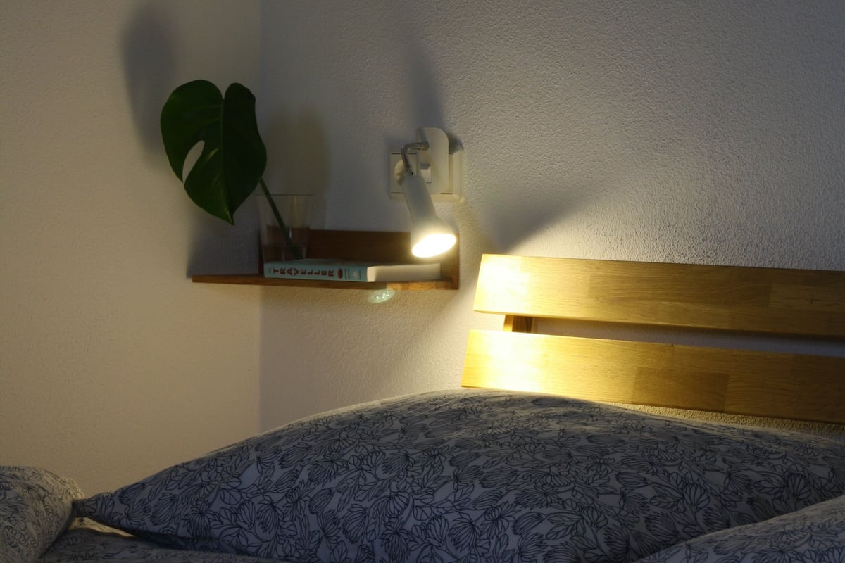 Een bed met een bedsprei met patroon, een kamerplantje en een wandlamp.
