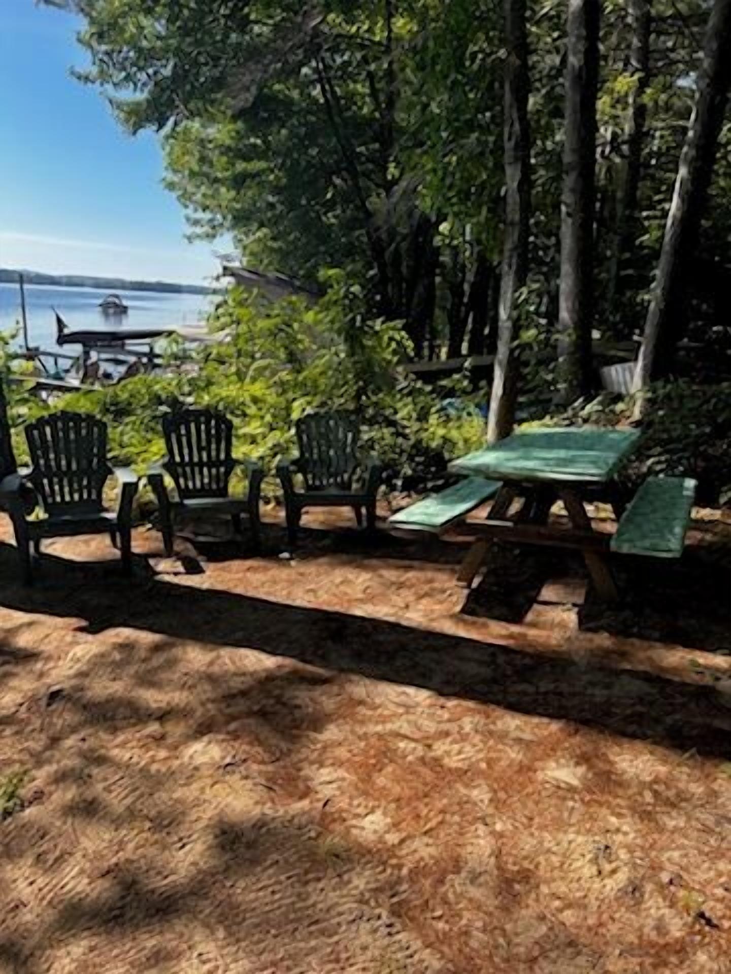 An outdoor seating area with picnic tables and chairs, surrounded by trees.