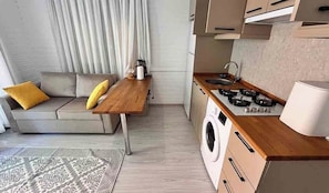 A compact kitchenette with a stove, sink, and washing machine, a sofa with cushions, and a patterned rug. - Artemis Hotel (Kemer)