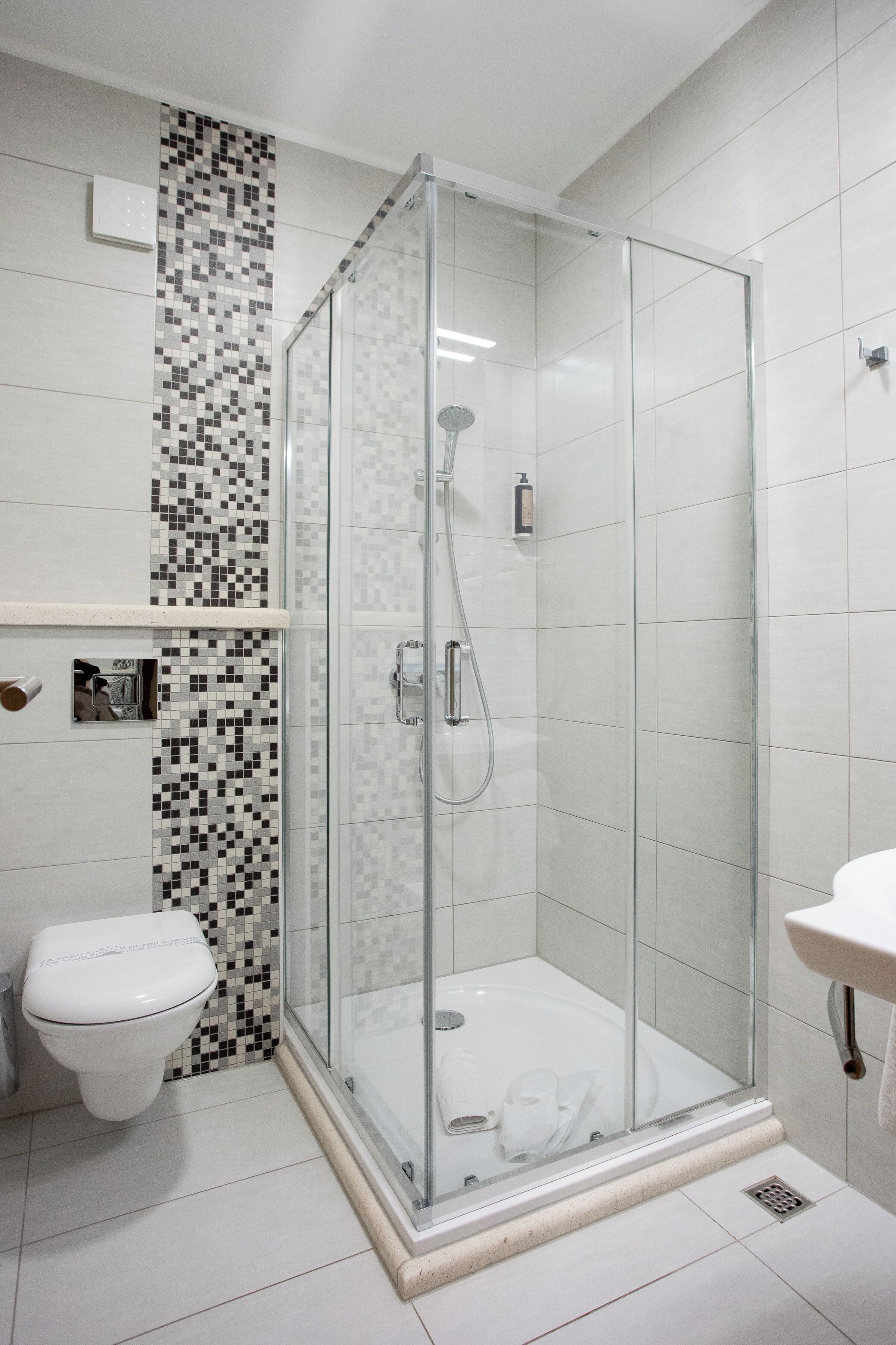 A modern bathroom with a glass-enclosed shower, a toilet, and a sink.