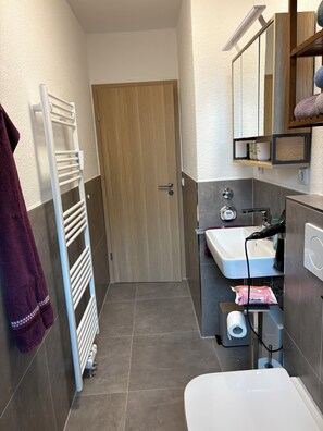 Regadera, secadora de cabello, papel de baño 