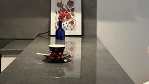 Eine moderne Küche mit dunkler Arbeitsplatte, einer blauen Vase mit roten Beeren und einem gerahmten Kunstwerk darüber.