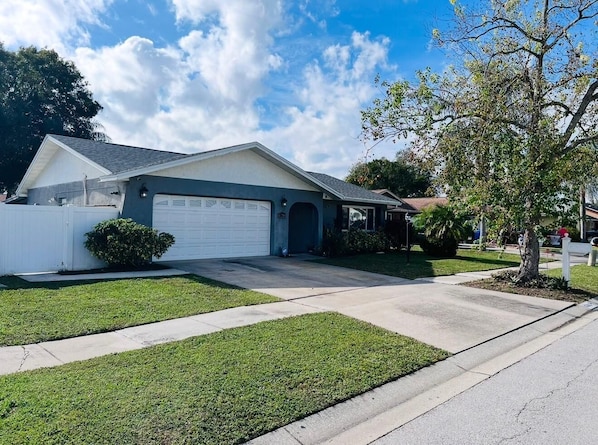 A single-story house with a garage, a front yard with grass, and a tree.