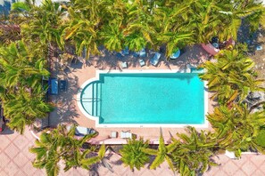 An aerial view of a rectangular swimming pool surrounded by palm trees and lounge chairs. - Pass A Grille Don Cesar Pool Boat Slip 3/3.5 (St Pete Beach)