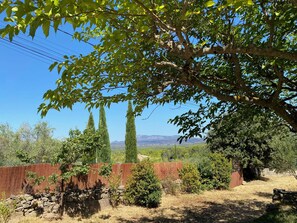 A fenced yard with a stone wall, a variety of trees, and a clear view of distant mountains. - L'Instant Bleu,Provence, pool, peaceful natural setting, 9p, Lake Carcès (Carcès)