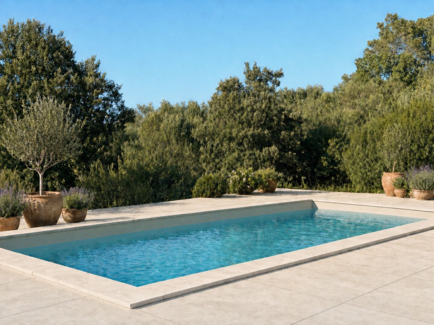 Ein rechteckiger Swimmingpool mit einer gefliesten Terrasse, umgeben von verschiedenen Kübelpflanzen und Bäumen.