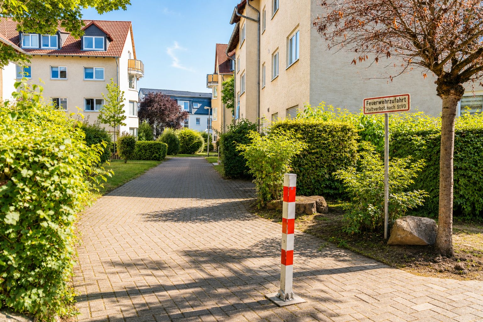 Eine Wohnstraße mit einem gepflasterten Weg, einem Schutzzaun und einem Schild, das einen Hydranten kennzeichnet.