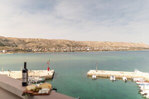 A coastal view with a marina, boats, and a distant town.