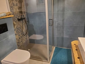 Douche, sèche-cheveux, serviettes fournies, papier toilette