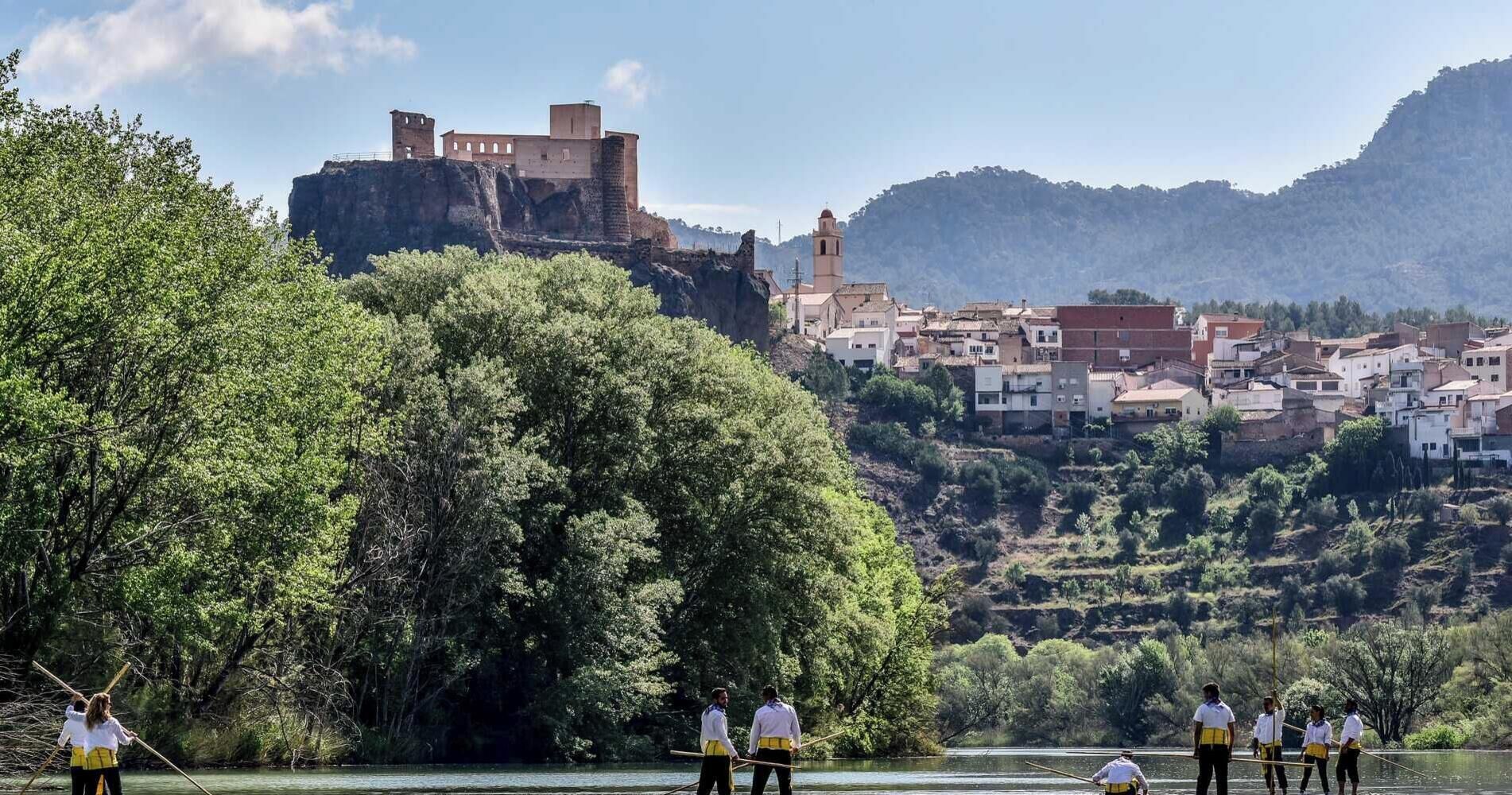 A historic castle on a hill overlooking a town with lush greenery and a river.