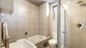 Une salle de bain avec une baignoire, des toilettes et une douche.