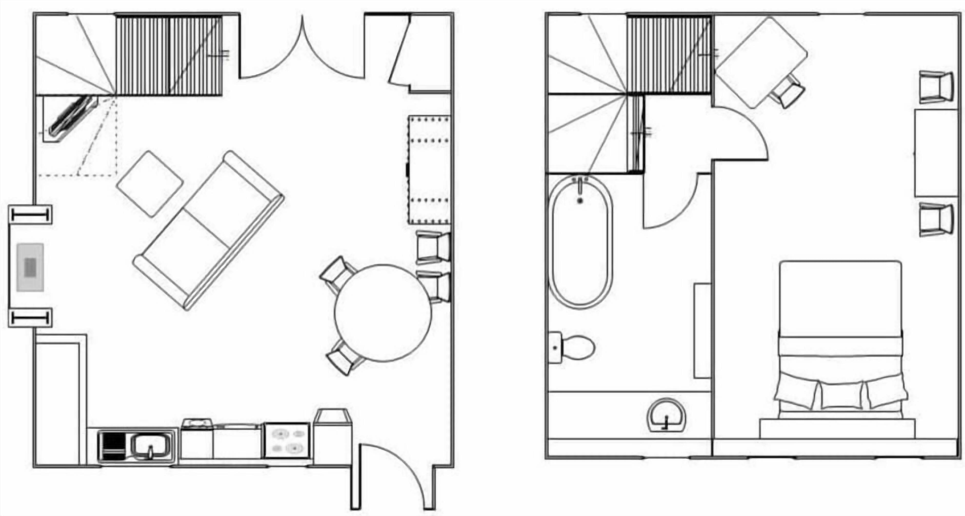 A floor plan of a hotel room with a bed, a bathroom, a kitchenette, and a dining area.