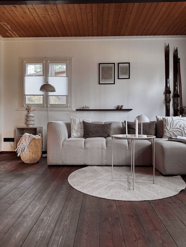 A living room with a sofa, a round rug, a lamp, and skis against the wall.