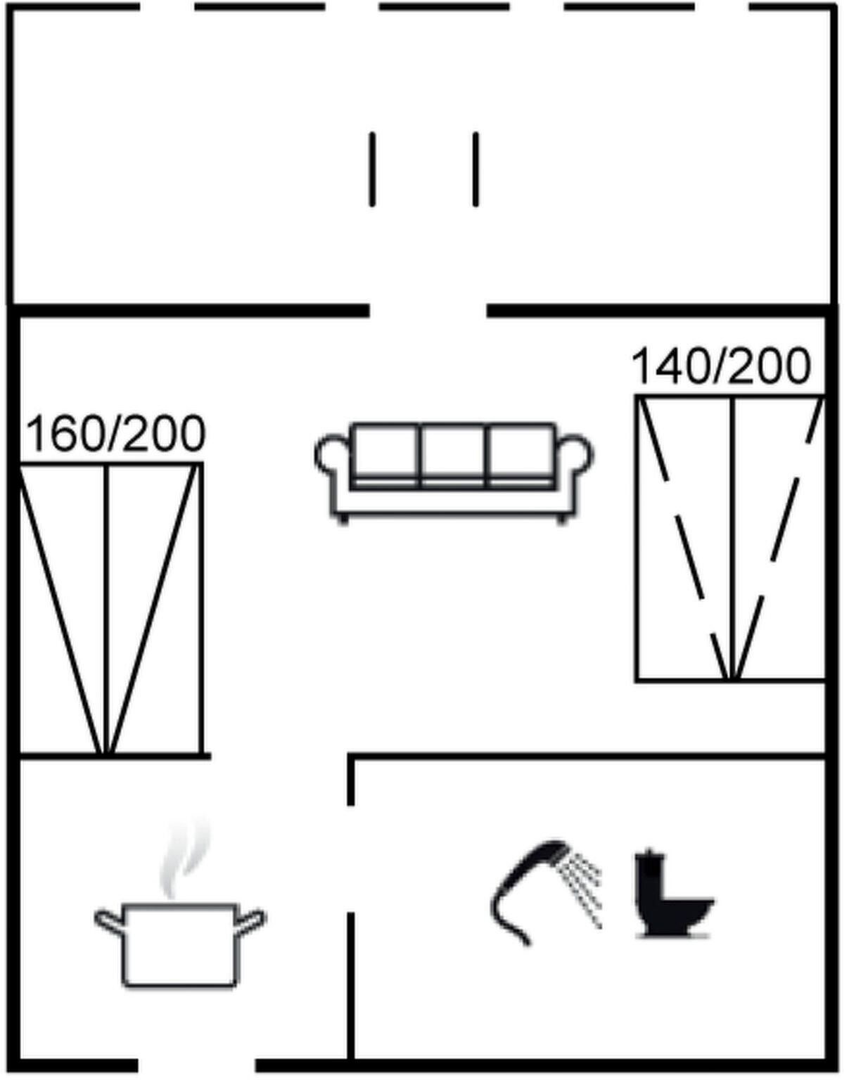 A floor plan with a kitchenette, a sofa, a toilet, and a shower area.