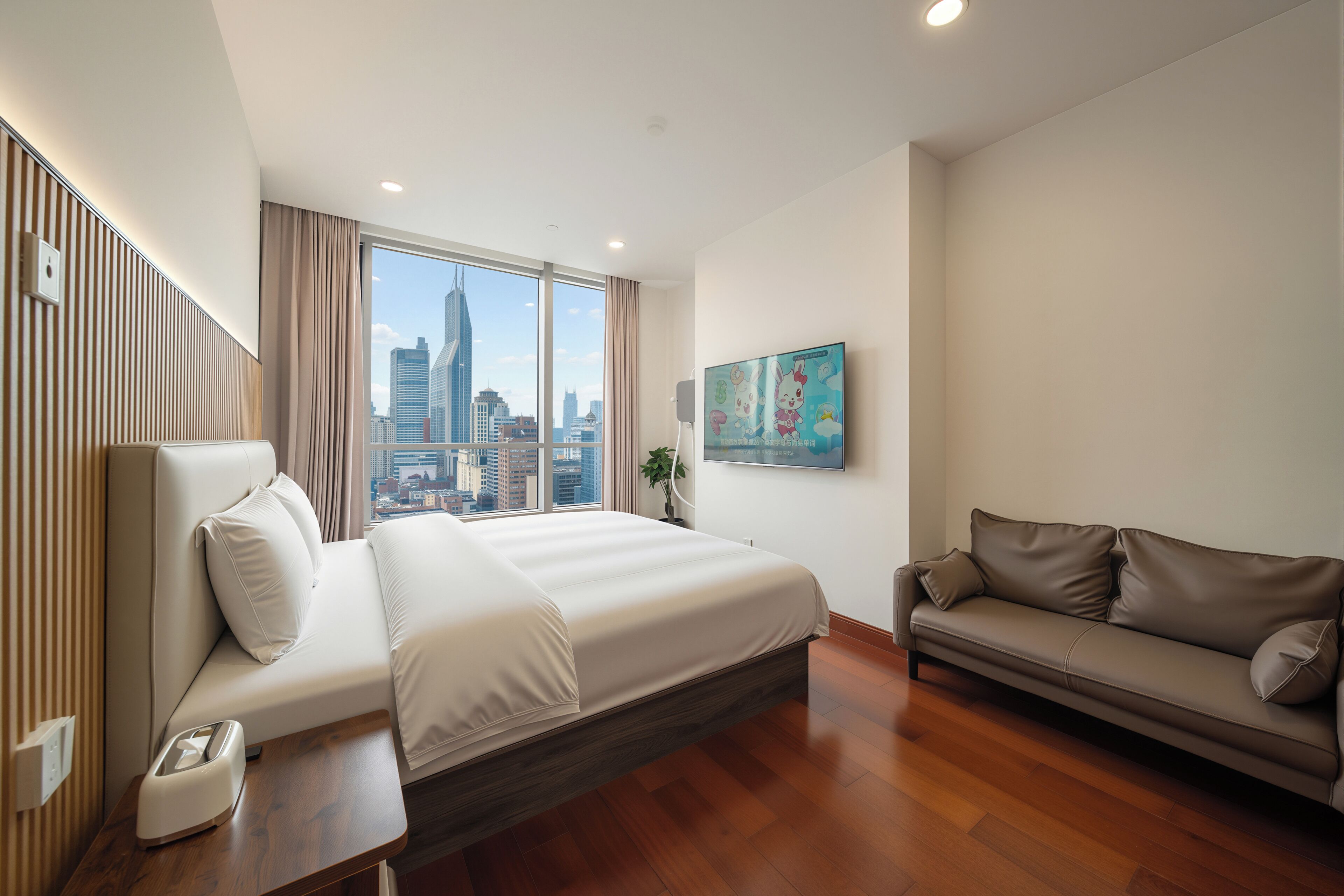 Ein modernes Hotelzimmer mit Bett, Sofa, Schreibtisch und großem Fenster mit Blick auf die Stadt.