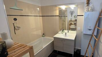 Hair dryer, towels, soap, toilet paper
