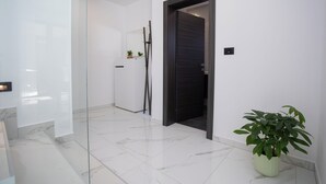 Un pasillo con un separador de vidrio, una puerta oscura, una planta en maceta y una pared blanca.