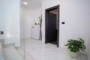 Ein Korridor mit Glastrennwand, einer dunklen Tür, einem Blumentopf und einer weißen Wand.