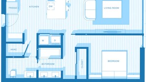 A floor plan of a hotel room with a kitchen, living room, bathroom, and closet. - Luxury Tennis Retreat Near Siesta Key, Bath and Racquet Club. Sleeps 4. (Sarasota)