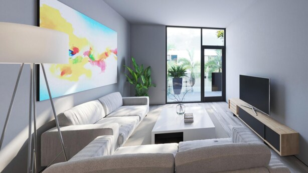 A modern living room with a sofa, coffee table, TV, and a large abstract painting. - Luxury Tennis Retreat Near Siesta Key, Bath and Racquet Club. Sleeps 4. (Sarasota)