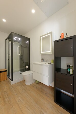 A modern bathroom with a glass-enclosed shower, a white toilet, a vanity with a mirror, and a dark wooden cabinet. - Studio Sable - Private Jacuzzi - Portbail sur mer center - Swimming pool access (Port-Bail-sur-Mer)