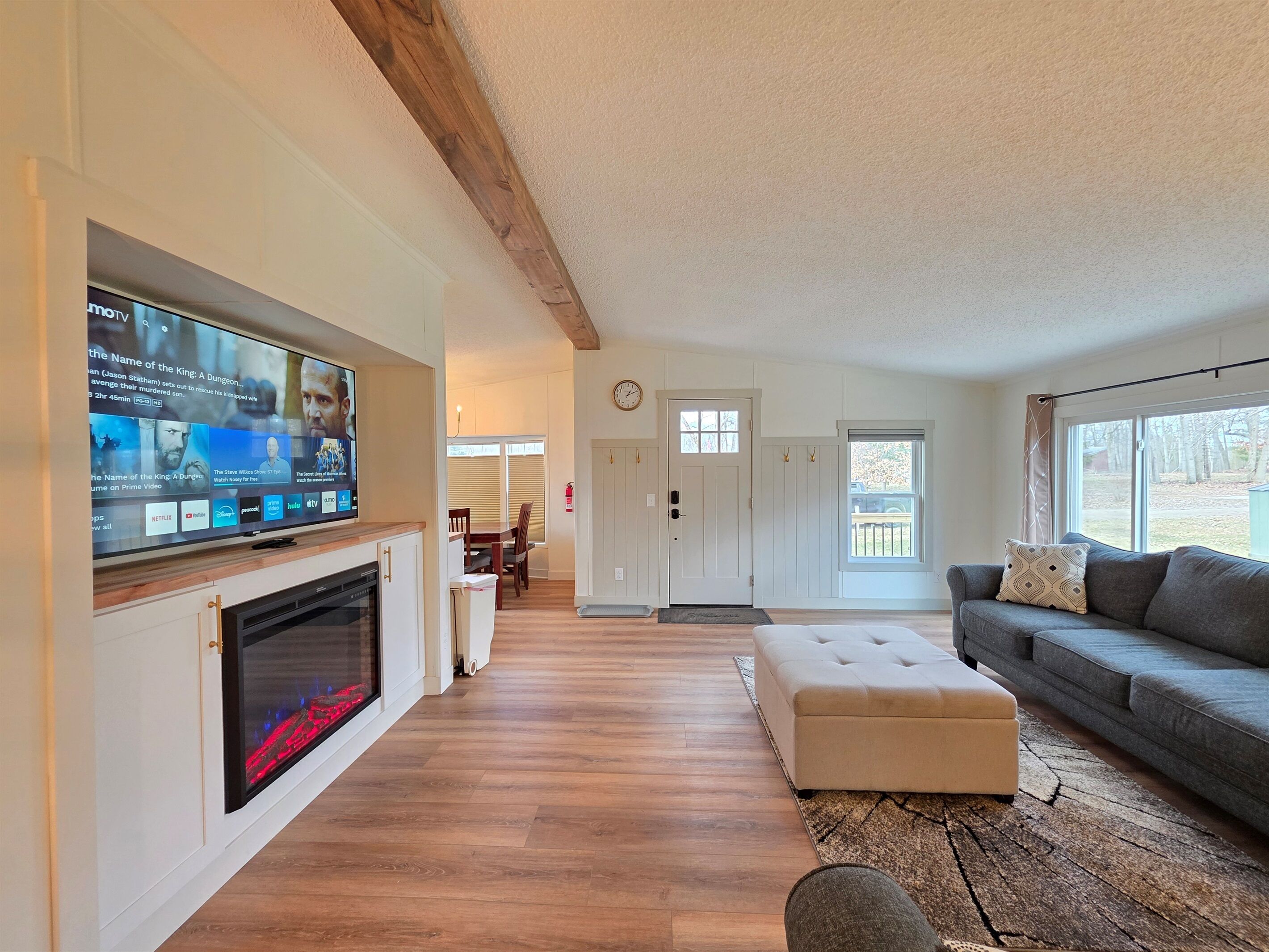 Smart TV, fireplace, video library