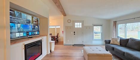 Smart TV, fireplace, video library