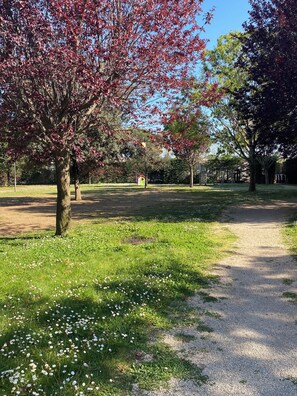A park with a gravel path, trees with red leaves, and a small structure in the distance. - Luigina's Home • Direct Metro to the Vatican, Terrace & Parking (Roma)