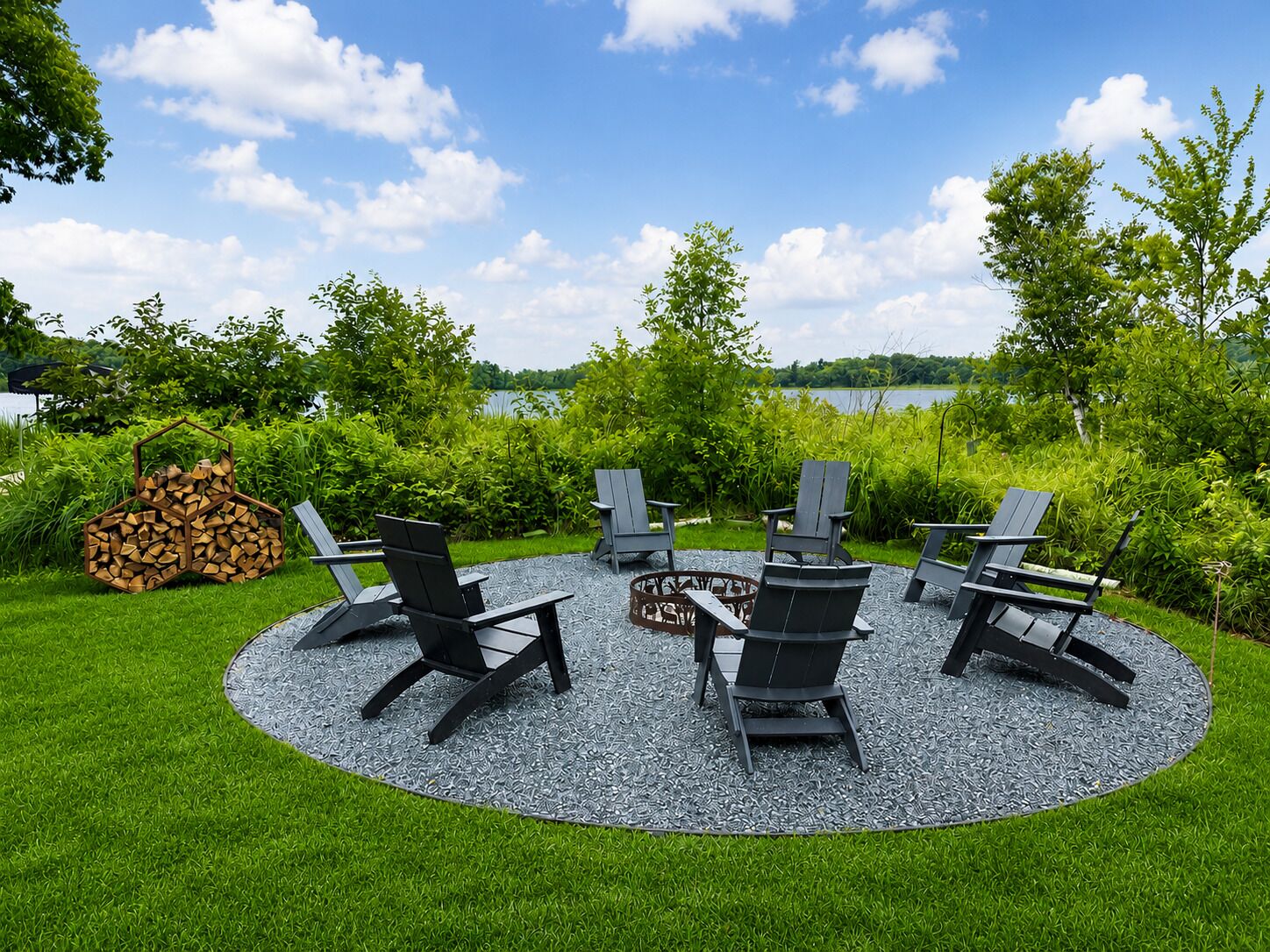 Un espace extérieur circulaire aménagé avec des chaises Adirondack et un foyer, entouré d’une pelouse bien entretenue et d’arbres, avec un lac en arrière-plan.