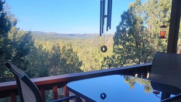 Una terrassa amb taula i cadires, amb vista a un paisatge forestal.