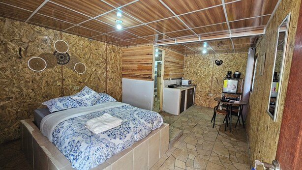 A bedroom with a bed, a small kitchenette, and a bathroom visible through an open door.