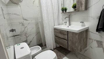 Shower, bidet, towels, soap
