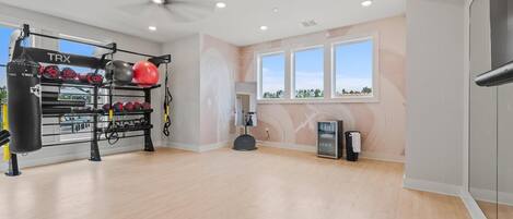 A spacious room with a ceiling fan, large windows, and a TRX suspension trainer.