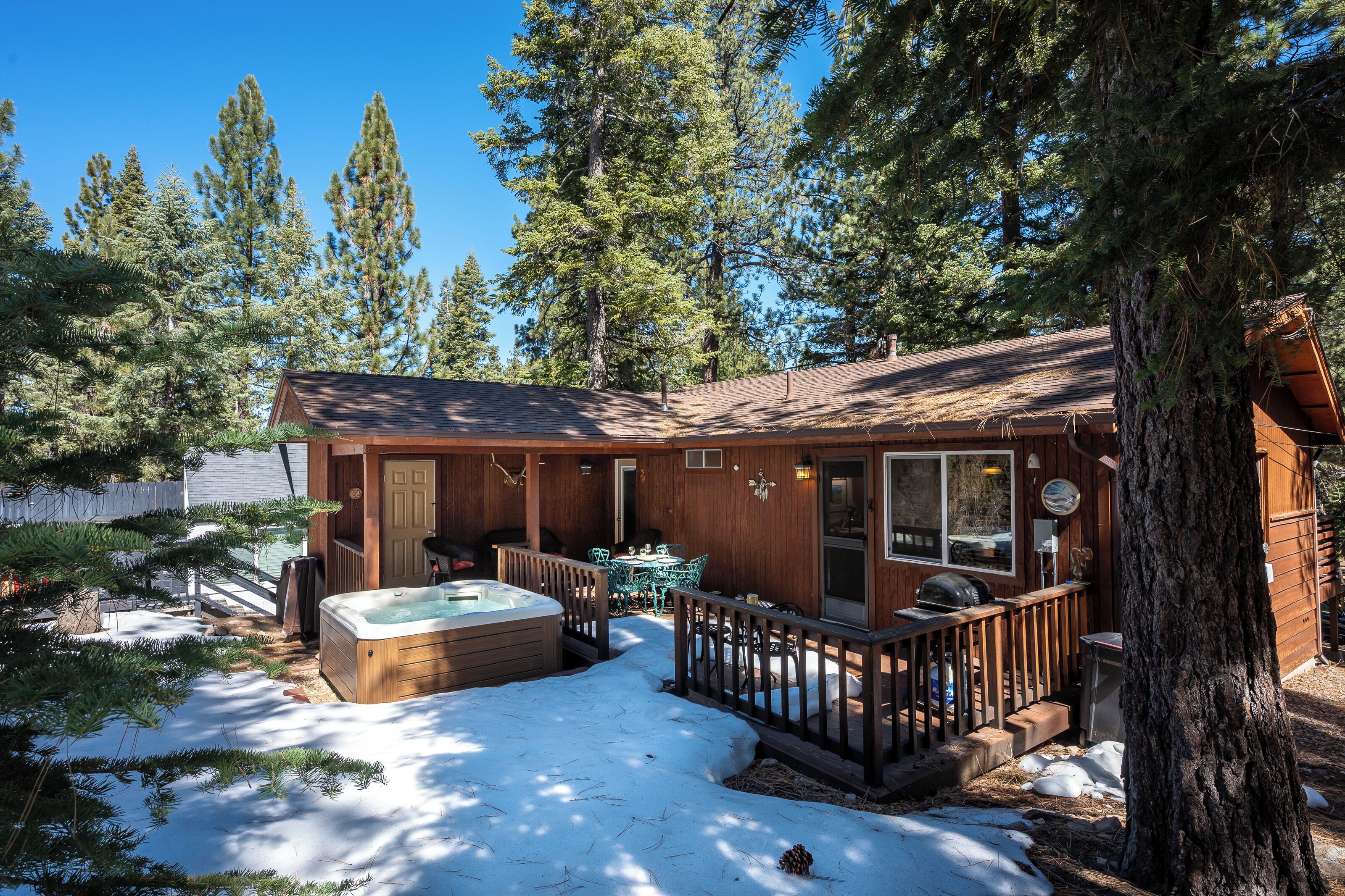 Une cabane avec un bain à remous, une terrasse et une vue sur de grands pins.