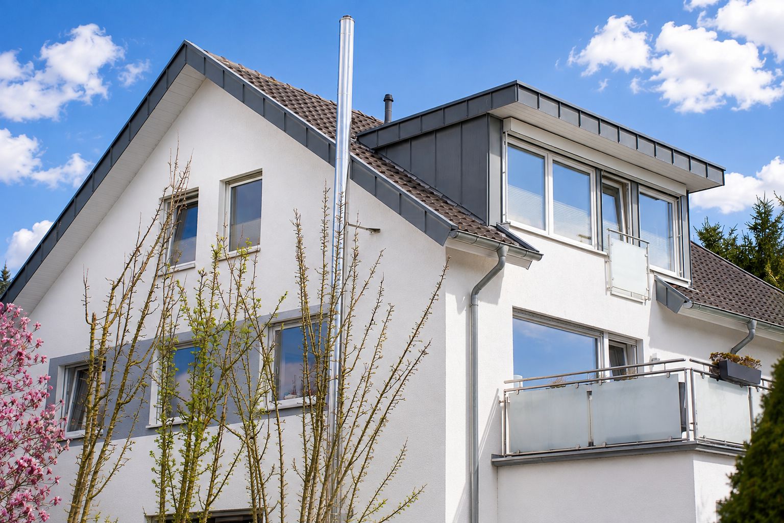 Ein modernes, zweistöckiges Haus mit Balkon, großen Fenstern und blauem Himmel.