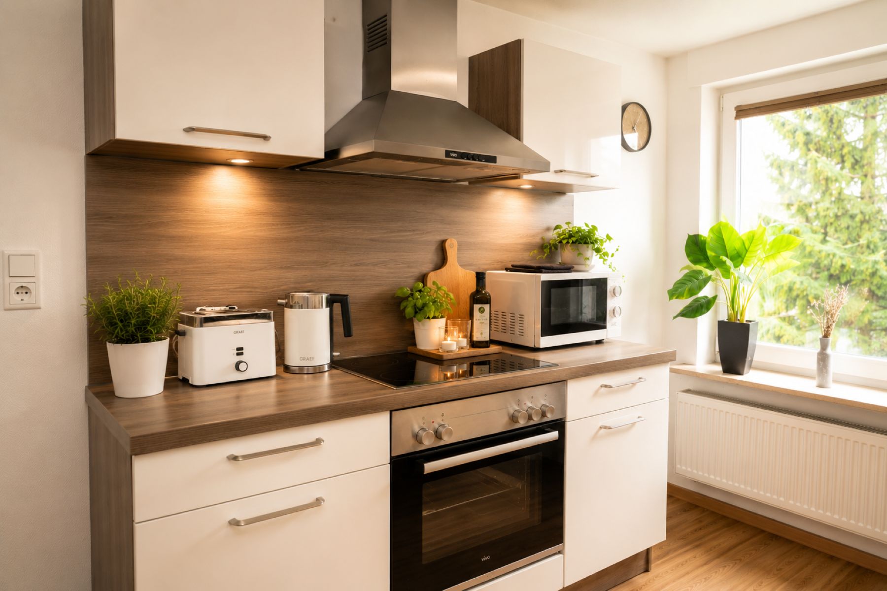 Eine moderne Küche mit Einbauofen, Mikrowelle und Toaster. Auf der Arbeitsplatte stehen Pflanzen und ein Fenster bietet Blick auf Grünflächen.