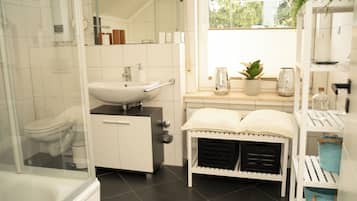 Hair dryer, towels, soap, shampoo