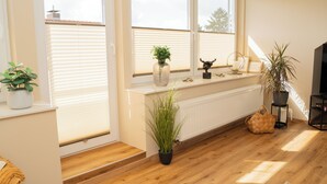 Une pièce avec un plancher en bois, une fenêtre avec des stores, un radiateur et un téléviseur posé sur un meuble.