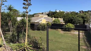 Zona residencial con casas, patio cercado y diversas plantas.
