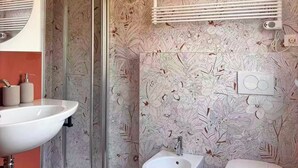 Une salle de bain équipée d’une douche, d’un bidet, de toilettes et d’un miroir.