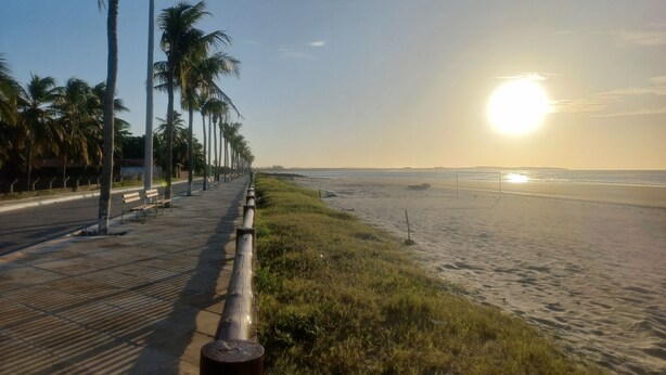 A coastal walkway lined with palm trees and benches, leading to a beach. - Pousada Aconchego em Mundaú (Trairi)